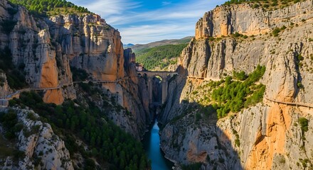 Dramatic Canyon Landscape with Rocky Cliffs and River.