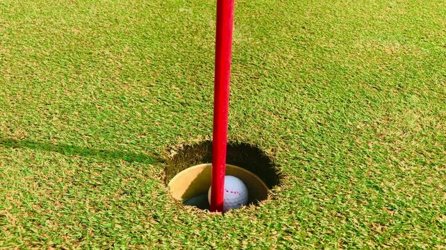 Perfect Golf Putt Ball Rolling into the Hole. Close-up of golf ball smoothly rolling on green and sinking into the hole with precision.