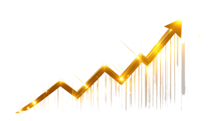 A golden upward trending arrow graphic, stylized with glowing highlights and textured lines
