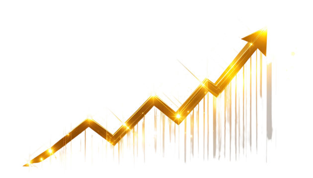 A golden upward trending arrow graphic, stylized with glowing highlights and textured lines
