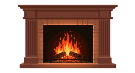 Ornate Fireplace with Burning Logs and Fiery Flames.