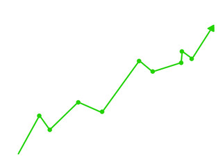 Green upward trending line graph with dots isolated on transparent background