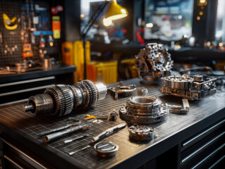 Precision engineering and mechanical components on a workbench in a workshop