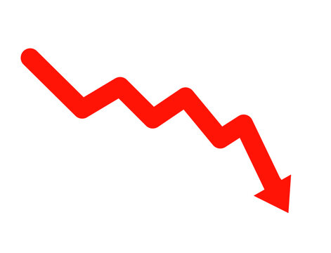 Red downward trending arrow isolated on transparent background