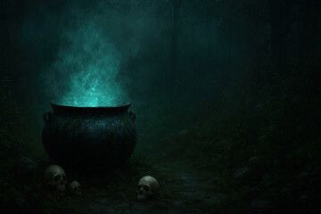 Mysterious cauldron with glowing green smoke in dark enchanted forest with skulls and spooky Halloween atmosphere