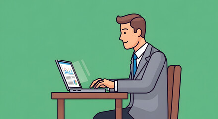 Young businessman in a suit working on a laptop computer at his desk. Flat design vector illustration on a solid green background