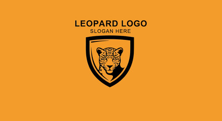 A graphic design featuring a leopard head within a shield shape, against a solid orange background.