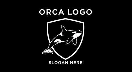 Orca whale illustration within a shield emblem, presented on a black background with text "ORCA LOGO" and "SLOGAN HERE".