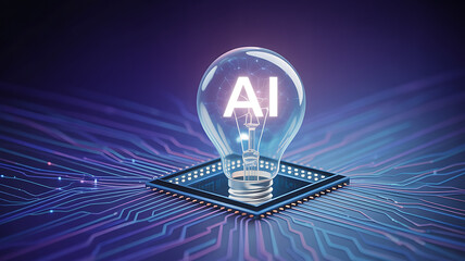 Artificial intelligence concept glowing bulb ai symbol above futuristic microchip digital network technology abstract futuristic background