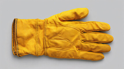 A single yellow leather glove is laid flat against a plain gray background, showcasing its texture and stitching.