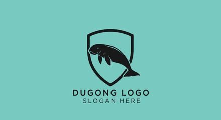 Stylized dugong silhouette within a shield, accompanied by the text "Dugong Logo" and "Slogan Here" on a teal background. © Yahya