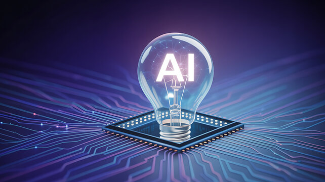 Artificial intelligence concept glowing bulb ai symbol above futuristic microchip digital network technology abstract futuristic background