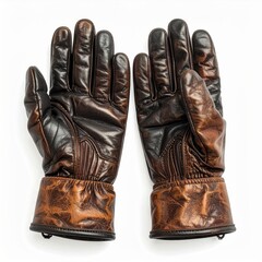 Distressed Brown Leather Gloves Pair on White Background Fashionable Winter Accessory