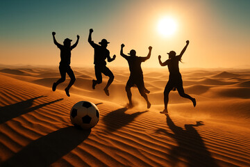 Joyful soccer players celebrating their winning moment in the golden desert landscape.