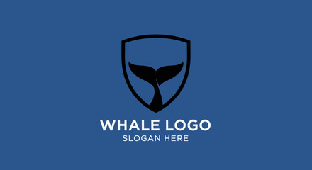 Minimalist whale tail logo design enclosed within a shield shape on a solid blue background, with placeholder text. © Yahya