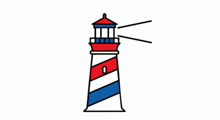 Stylized red white and blue striped lighthouse illustration with light beams.