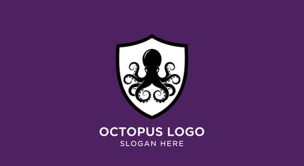 A minimalist black octopus logo inside a white shield on a vibrant purple background, with placeholder text below.