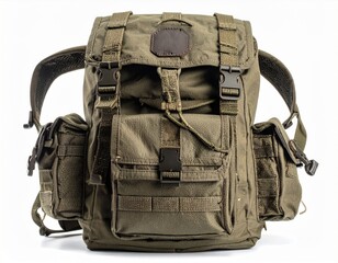 Olive Green Canvas Backpack with Multiple Pockets and Straps Isolated on White