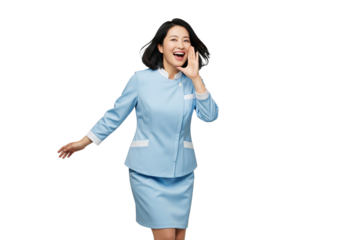 A young woman shouting and making an announcement, isolated on a transparent background.