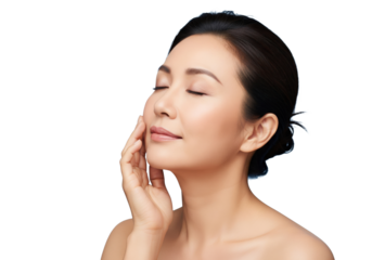 A serene portrait of a middle-aged Asian woman touching her face, isolated on a transparent background.
