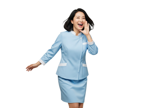  A young woman shouting and making an announcement, isolated on a transparent background.
