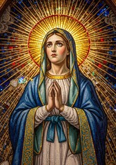 Illuminated religious mosaic art depicting saint in blue robe with radiant halo, perfect for spiritual and liturgical design