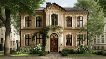 Charming two-story brick house with arched entrance, large windows, and lush greenery, showcasing timeless classic architecture in a serene setting