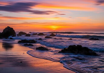 A dramatic coastal sunrise paints the sky with vibrant hues of orange and purple, reflecting on the calm ocean waves and dark rocks along the beach.
