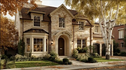 Classic two-story brick house with arched doorway, bay window, autumn trees, elegant suburban architecture and cozy atmosphere