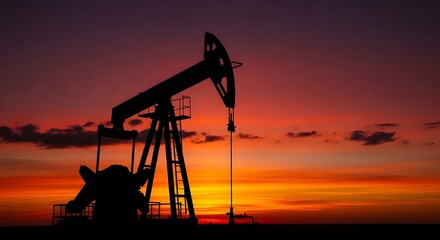 Vibrant sunset silhouette of an oil pump jack in industrial landscape setting