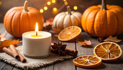Pumpkins candle and dried oranges arranged on a wooden surface with autumn leaves.