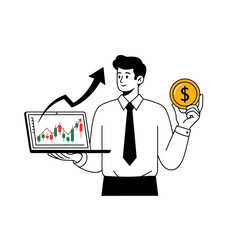 Businessman holding laptop with stock chart and coin