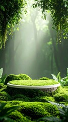 Green Mossy Podium Display in a Lush Forest with Natural Sunlight and Bright Background