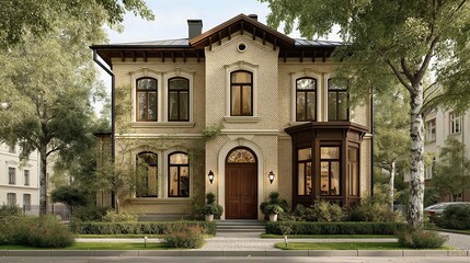 Elegant two-story brick house with arched doorway, tall windows, and classic architecture, surrounded by lush greenery in a peaceful neighborhood.