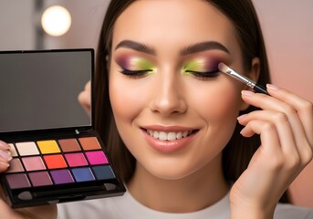 Vibrant makeup artistry concept with colorful eyeshadow palette and application techniques for glamorous looks