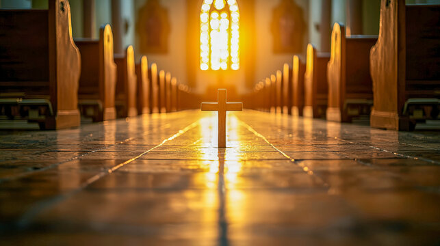 A wooden cross illuminated by sunlight inside a church aisle