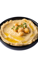 A traditional dish or appetizer hummus or baba ghanoush on white background	