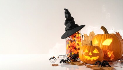 Three halloween props on white with large space. AI generated.