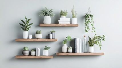 Creative wall display featuring floating bookshelves adorned with books and greenery