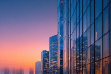 bundle of tall corporate glass business office buildings, transparent isolated background. Sunset evening window reflections, big city metropolitan area, commerce, high-rise building