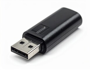 Close Up of a Black USB Flash Drive on a White Background Technology Concept