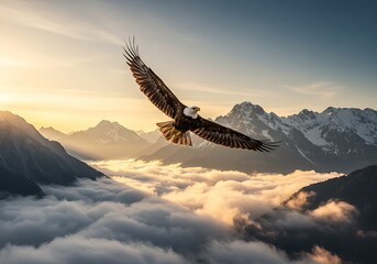 Naklejka premium Eagle Soaring Above Clouds A Stunning Travel Scene of Freedom and Majesty