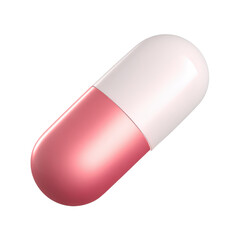 Pink and white capsule pill isolated at angle on clean background. Modern 3D design for pharmacy, supplements, medicine, healthcare, wellness, and nutrition-related projects.