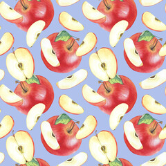 red apples, whole and sliced, seamless watercolor pattern, illustration for packaging, textiles, dishes, and clothing