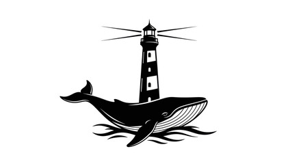 Monochrome whale with a stylized lighthouse illustration evoking maritime themes and nautical © hakim