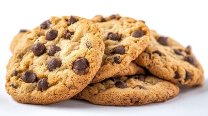 Stacked Chocolate Chip Cookies On White Background