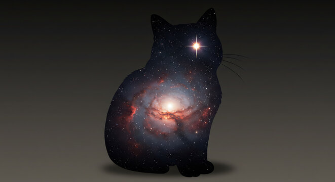 A surreal artistic silhouette of a cat containing a vibrant spiral galaxy and a shining star for an eye.