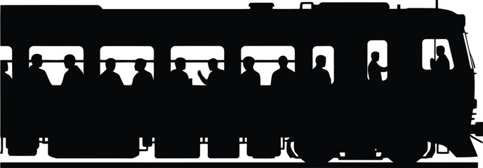 Silhouette of a vintage train with passengers visible through the windows, isolated on transparent background