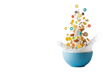 A dynamic splash of colorful breakfast cereal and milk from a green bowl, isolated on a transparent background.