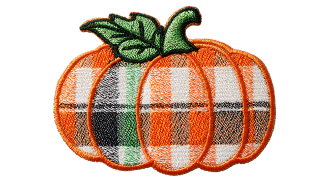 Orange and white buffalo plaid pumpkin patch embroidery applique isolated on transparent background